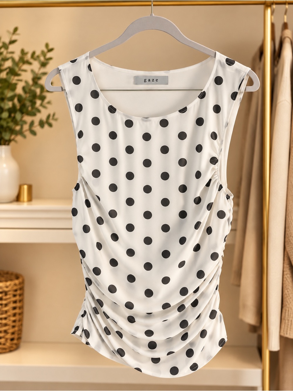 Gaze White & Black Polka Dot Sleeveless Top | Ruched Detail
